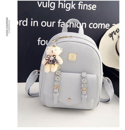 Women's Leather Backpack with Teddy Bear Charm