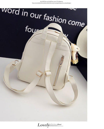 Women's Leather Backpack with Teddy Bear Charm