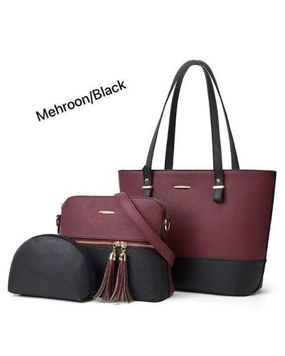 3-Piece Two-Tone Tote Bag Set Tassel Crossbody PU Leather