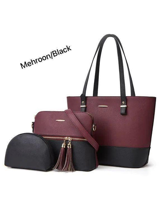 3-Piece Two-Tone Tote Bag Set Tassel Crossbody PU Leather