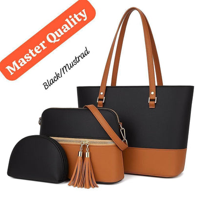 3-Piece Two-Tone Tote Bag Set Tassel Crossbody PU Leather