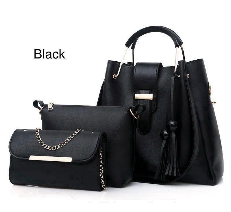 3-Piece Bucket Bag Set Tassel Detail Top Handle PU Leather