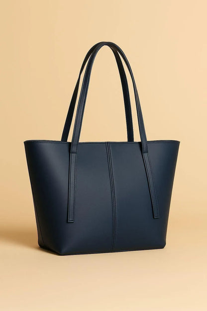 Navy Blue Minimalist Structured Tote Bag Contrast Stitching