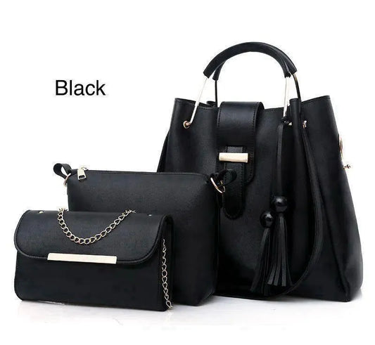 3-Piece Bucket Bag Set Tassel Metal Plate Detail PU Leather