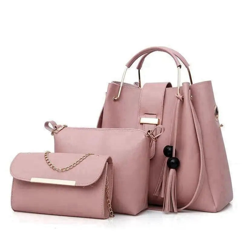 3-Piece Bucket Bag Set Tassel Metal Plate Pink Mustard | Buy Online in Pakistan at MetroCart – 3-Piece | MetroCart Pakistan