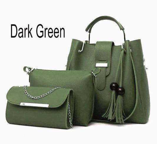 Olive Green 3-Piece Bucket Bag Set Tassel Metal Plate