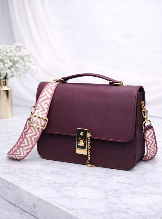 Burgundy Crossbody Bag Chevron Strap Chain Lock Detail