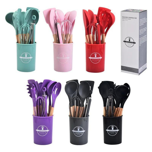 Silicone Kitchen Utensil Set 12-Piece Wooden Handles