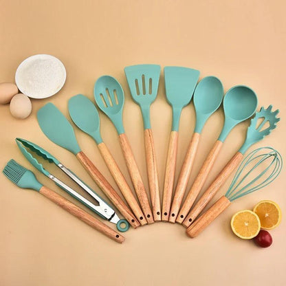 Silicone Kitchen Utensil Set 12-Piece Wooden Handles | Buy Online in Pakistan at MetroCart – Silicone | MetroCart Pakistan
