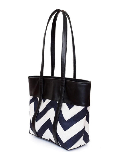 Chevron Print Tote Bag PU Leather Trim Black White