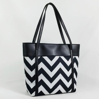 Chevron Print Tote Bag PU Leather Trim Black White