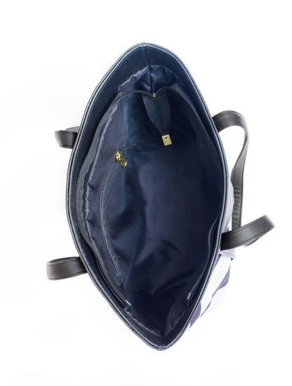 Chevron Print Tote Bag PU Leather Trim Black White