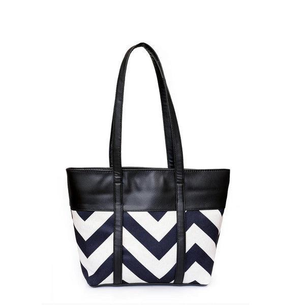 Chevron Print Tote Bag PU Leather Trim Black White