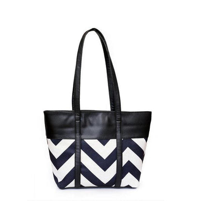 Chevron Print Tote Bag PU Leather Trim Black White