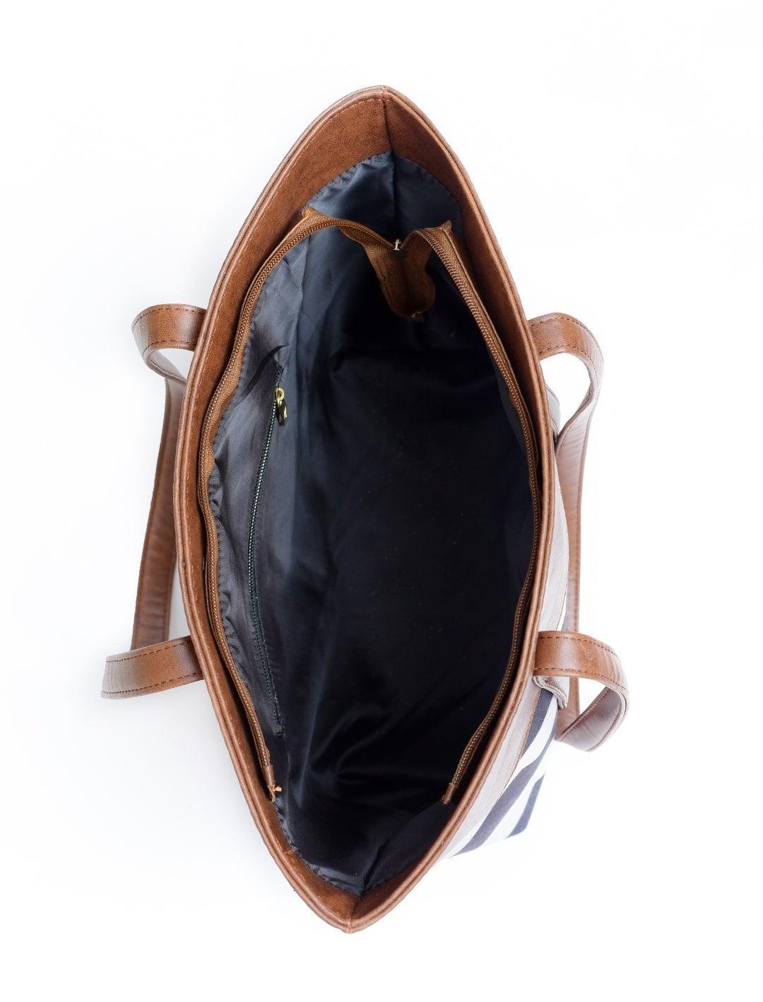 Chevron Print Tote Bag Brown PU Leather Trim Navy White