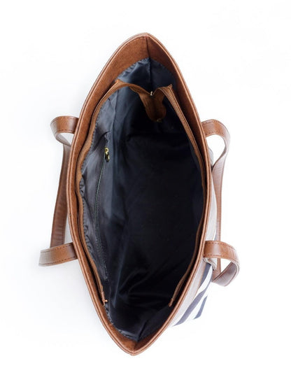 Chevron Print Tote Bag Brown PU Leather Trim Navy White