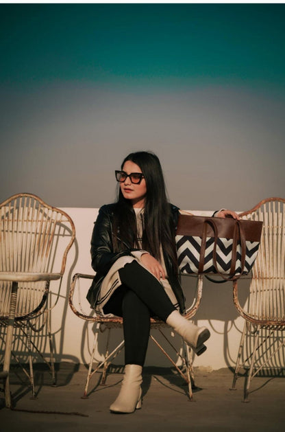 Chevron Print Tote Bag Brown PU Leather Trim Navy White