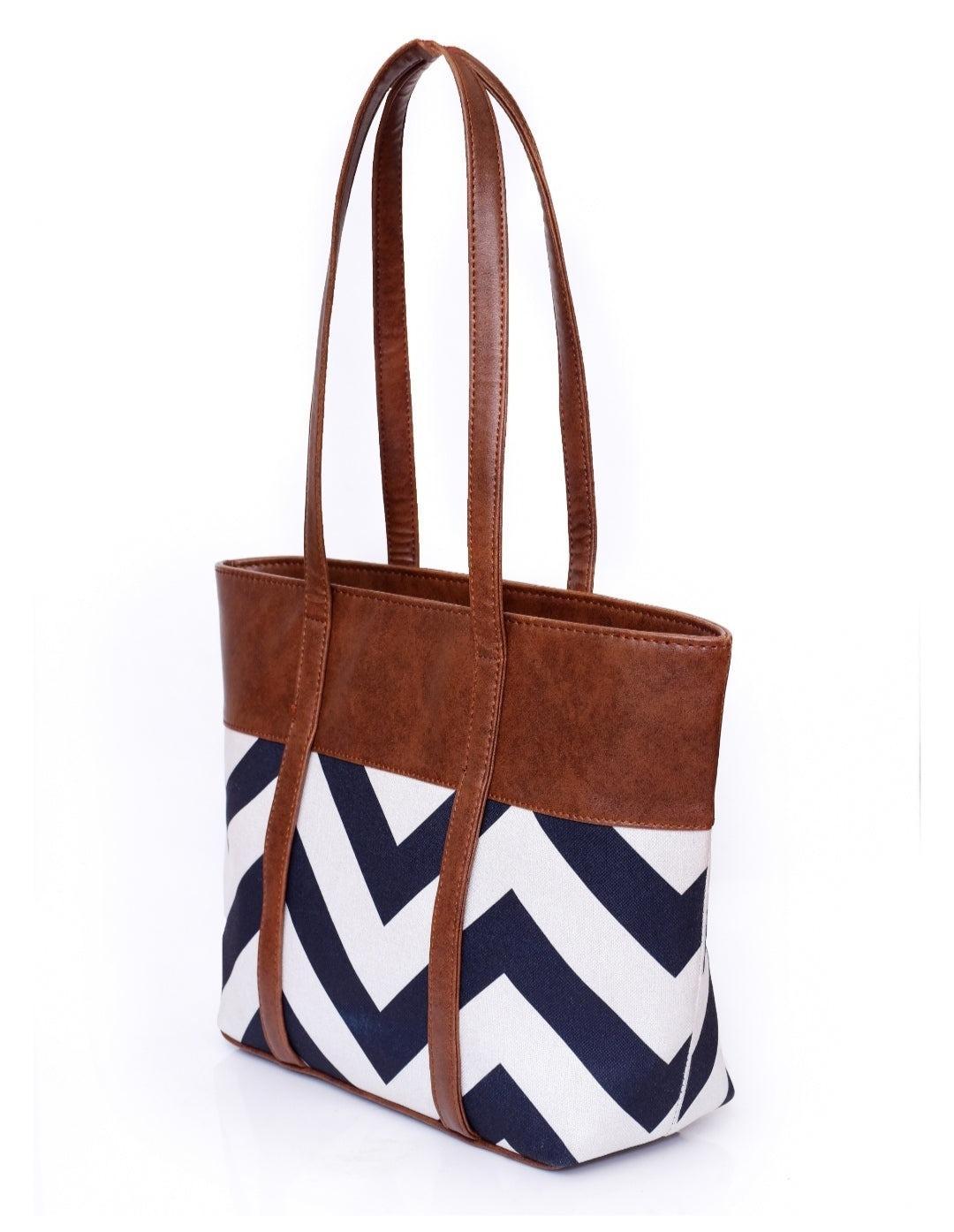 Chevron Print Tote Bag Brown PU Leather Trim Navy White