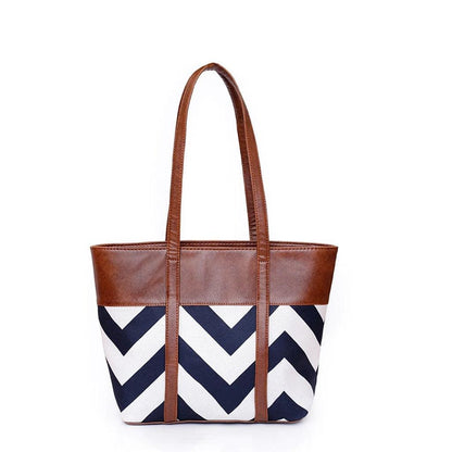 Chevron Print Tote Bag Brown PU Leather Trim Navy White