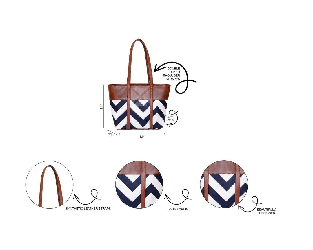 Chevron Print Tote Bag Brown PU Leather Trim Navy White