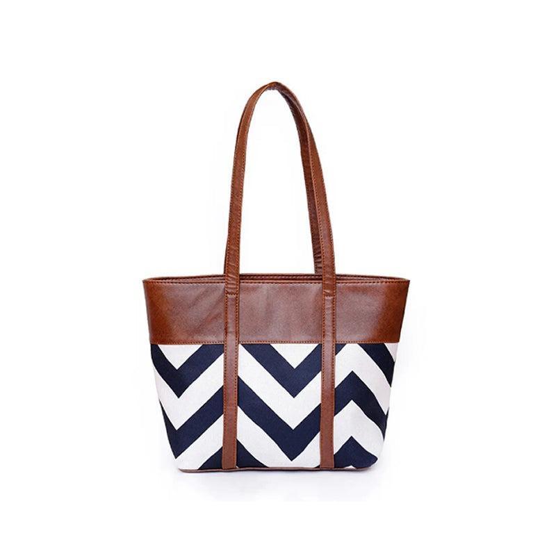 Chevron Print Tote Bag Brown PU Leather Trim Navy White