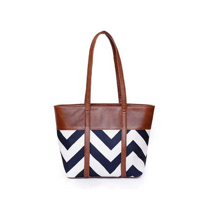 Chevron Print Tote Bag Brown PU Leather Trim Navy White
