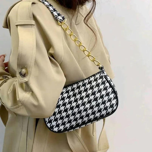 Houndstooth Print Shoulder Bag Chain Strap Baguette