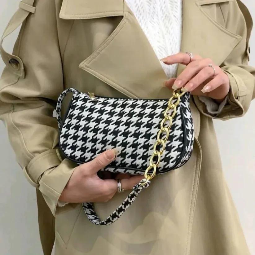 Houndstooth Print Shoulder Bag Chain Strap Baguette