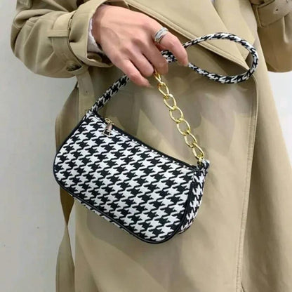 Houndstooth Print Shoulder Bag Chain Strap Baguette