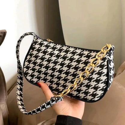 Houndstooth Print Shoulder Bag Chain Strap Baguette
