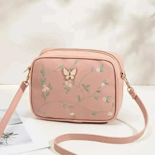 Pink Butterfly Embroidered Camera Bag Crossbody PU Leather