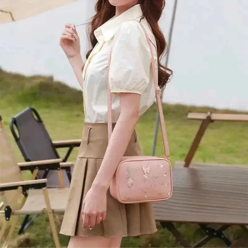 Pink Butterfly Embroidered Camera Bag Crossbody PU Leather