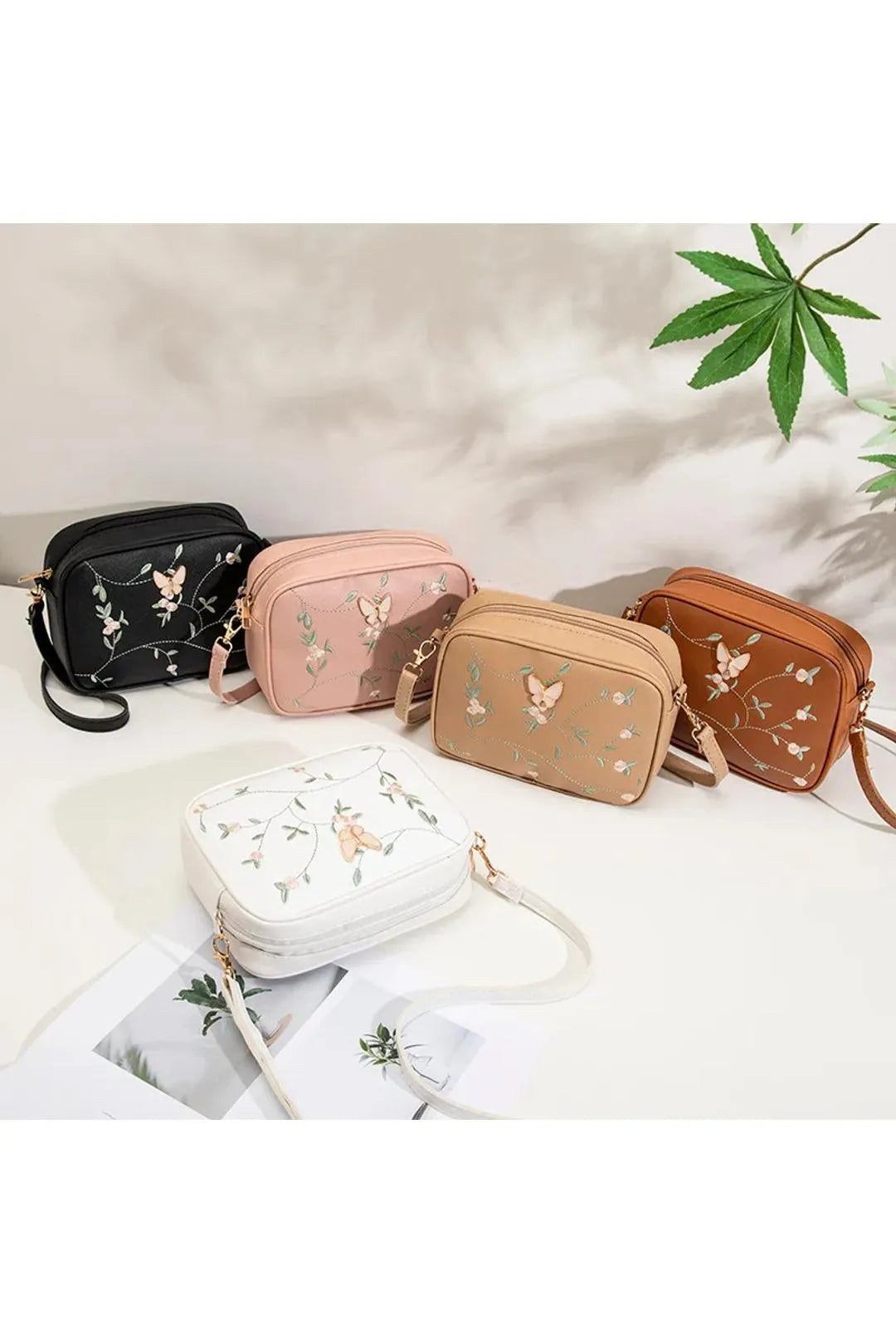 Pink Butterfly Embroidered Camera Bag Crossbody PU Leather