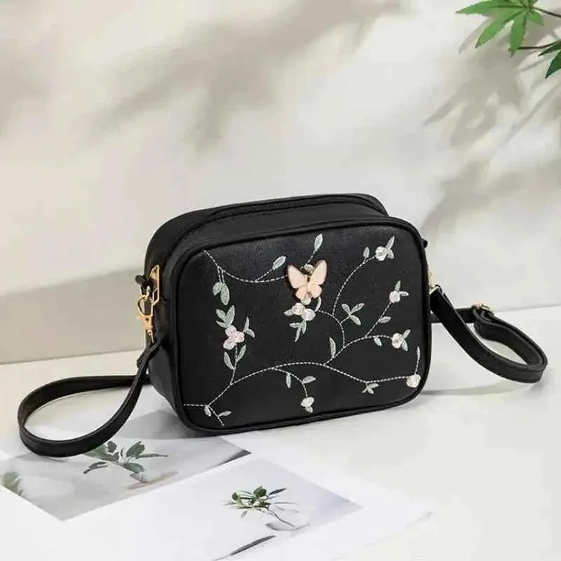 Butterfly Embroidered Camera Bag Crossbody PU Leather