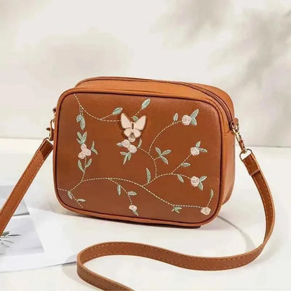 Brown Butterfly Embroidered Camera Bag Crossbody PU Leather