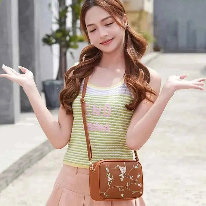 Brown Butterfly Embroidered Camera Bag Crossbody PU Leather