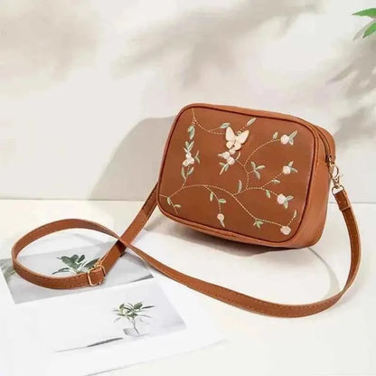 Brown Butterfly Embroidered Camera Bag Crossbody PU Leather