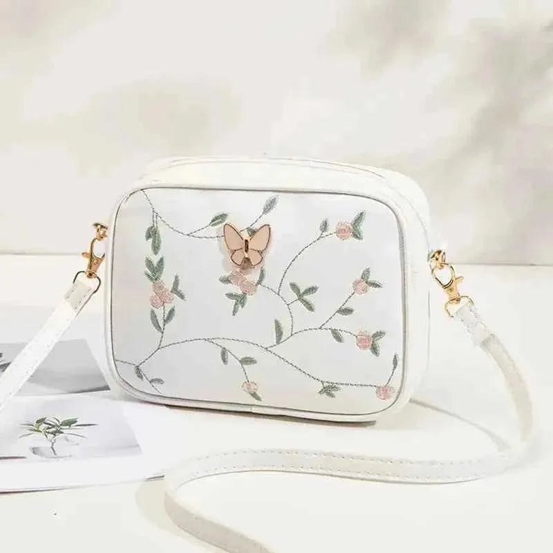 White Butterfly Embroidered Camera Bag Crossbody PU Leather
