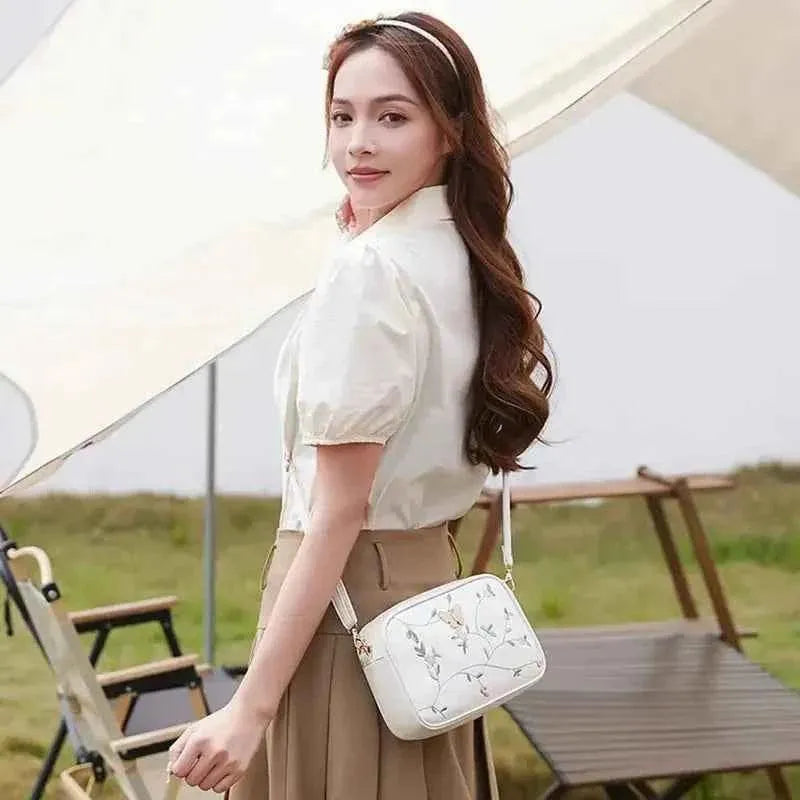 White Butterfly Embroidered Camera Bag Crossbody PU Leather