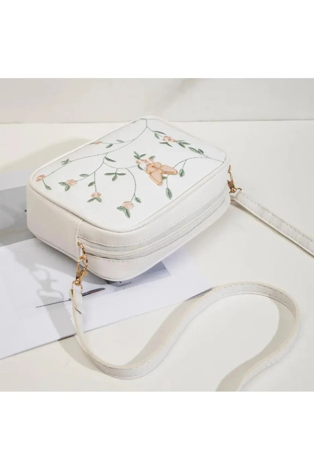 White Butterfly Embroidered Camera Bag Crossbody PU Leather