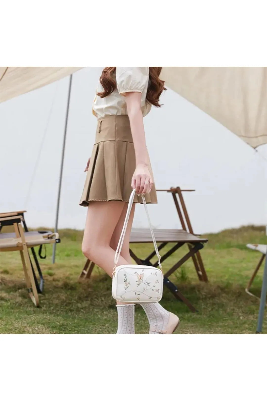 White Butterfly Embroidered Camera Bag Crossbody PU Leather