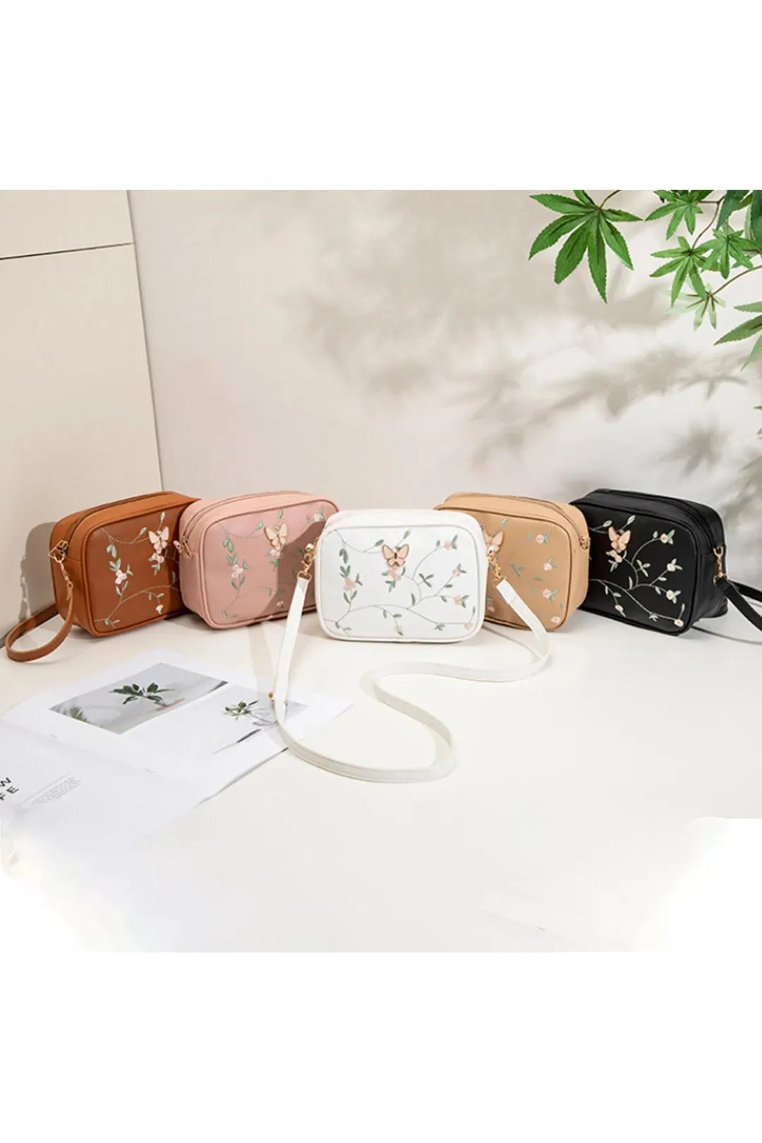 White Butterfly Embroidered Camera Bag Crossbody PU Leather
