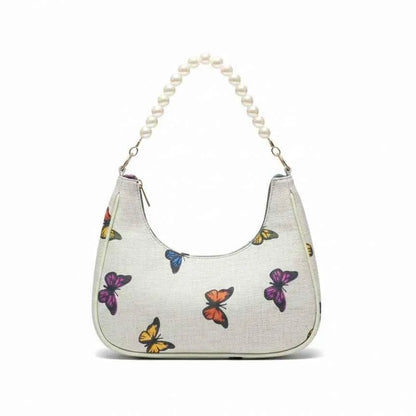 Girl's Butterfly Print Hobo Bag Pearl Handle PU Leather