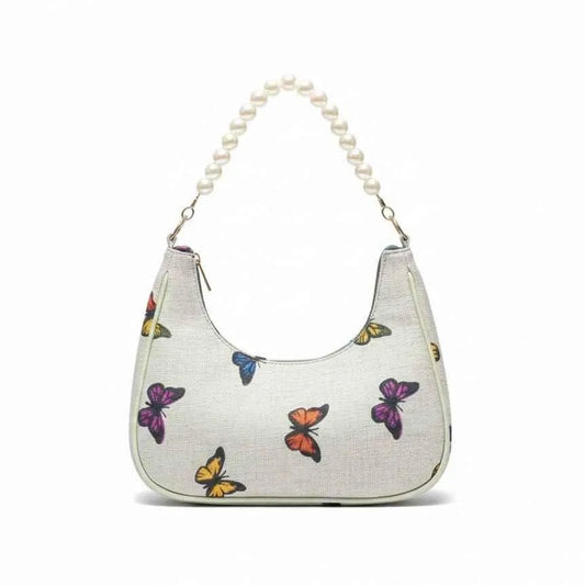 Girl's Butterfly Print Hobo Bag Pearl Handle PU Leather