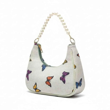 Girl's Butterfly Print Hobo Bag Pearl Handle PU Leather