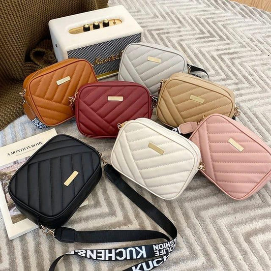 Chevron Quilted Crossbody Bag Branded Strap PU Leather