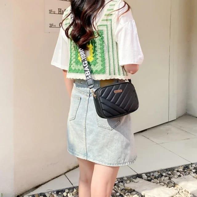 Chevron Quilted Crossbody Bag Branded Strap PU Leather