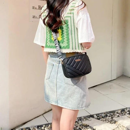 Chevron Quilted Crossbody Bag Branded Strap PU Leather