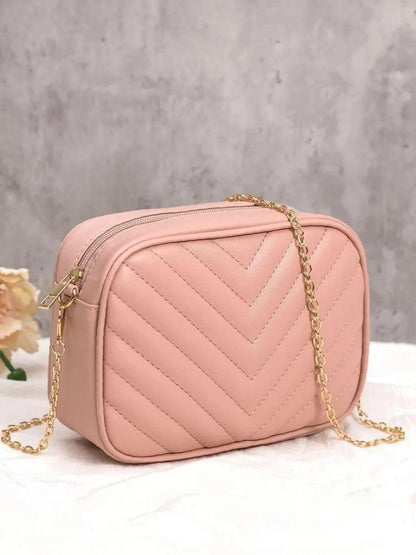Chevron Quilted Camera Bag Chain Strap PU Leather Crossbody