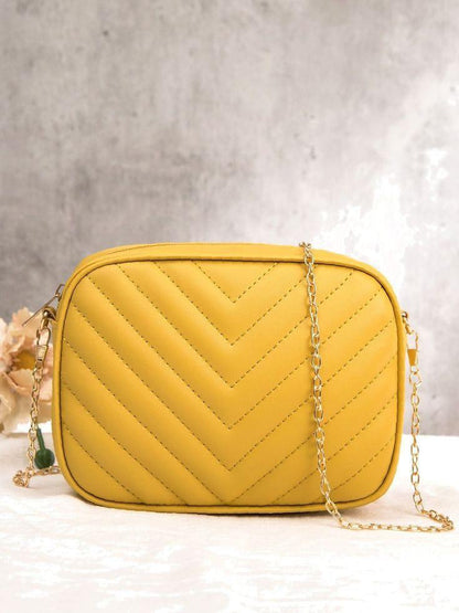 Chevron Quilted Camera Bag Chain Strap PU Leather Crossbody